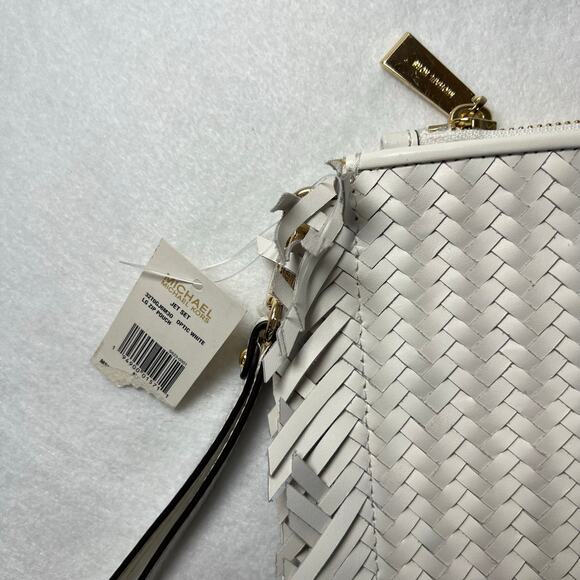 NWT Michael Kors Jet Set Woven Fray Edge Optic White Zip Pouch Clutch Wristlet - Picture 3 of 10